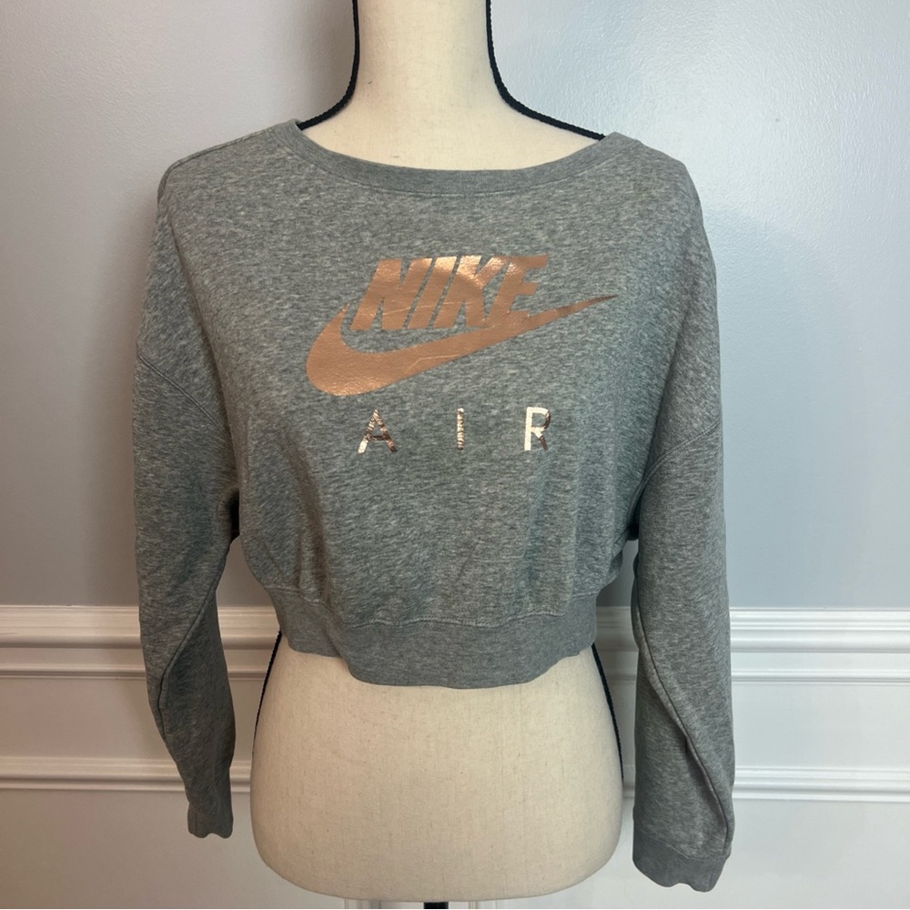 Nike Air Sweatshirt Womens Rally Crop Gray Rose Gold Metallic Logo Zip Back XS